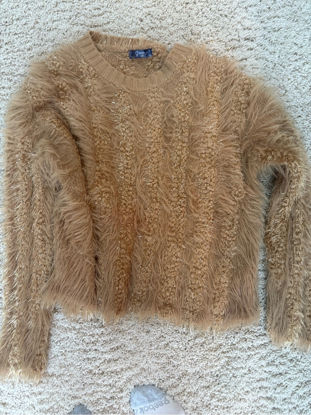 Cozy Fur Gold Glitter Textured Sweater  Caramel Size Medium